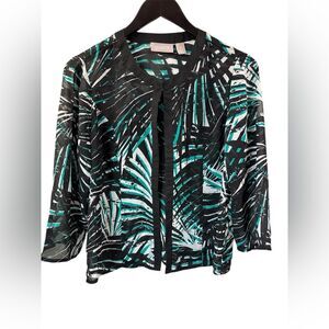 Chico’s Sz 0 XS Sheer Palm Leaf Green black cardigan 3/4 Sleeve Career Cruise